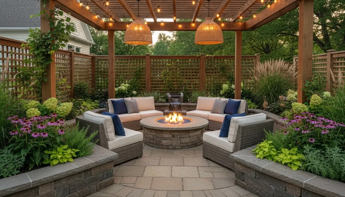Paver patio with pergola and lighting by Louisville landscapers in New Albany IN outdoor living design