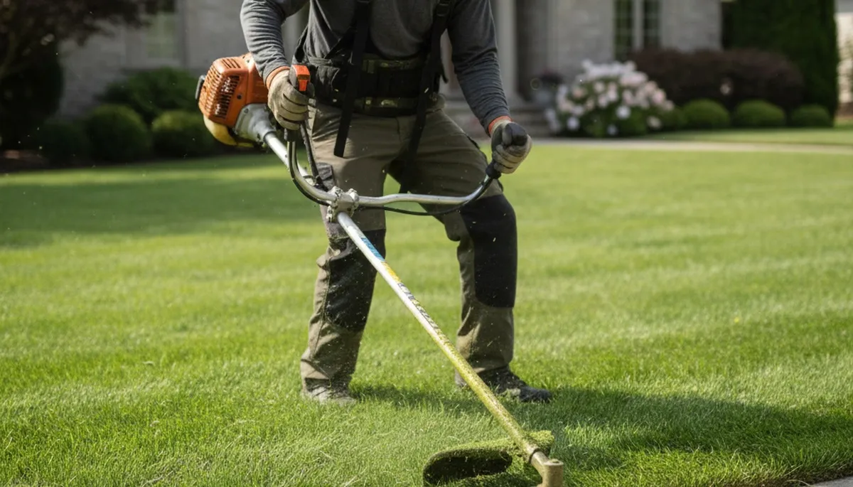 Technician trimming precise lawn edges with string trimmer in Louisville, KY for Chop Chop Landscaping