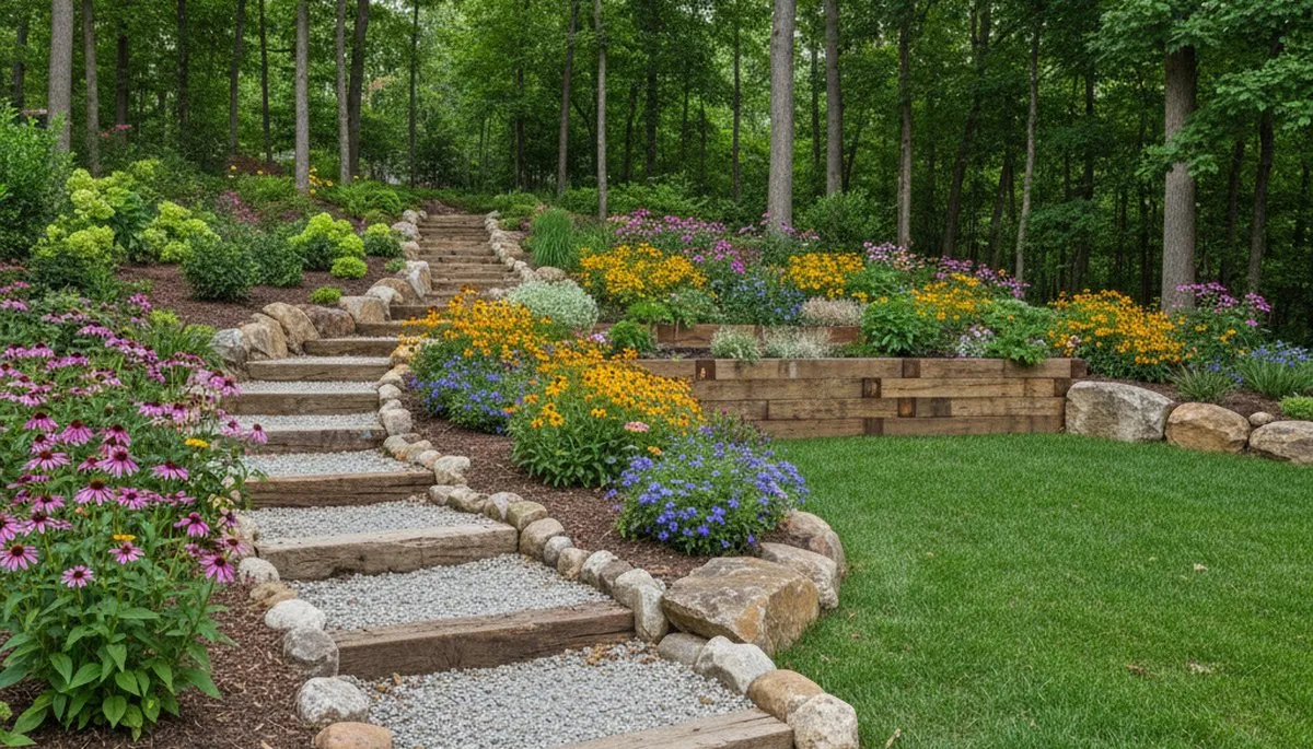 Terraced garden with timber steps and native plants by Louisville landscapers in Jeffersonville, Indiana