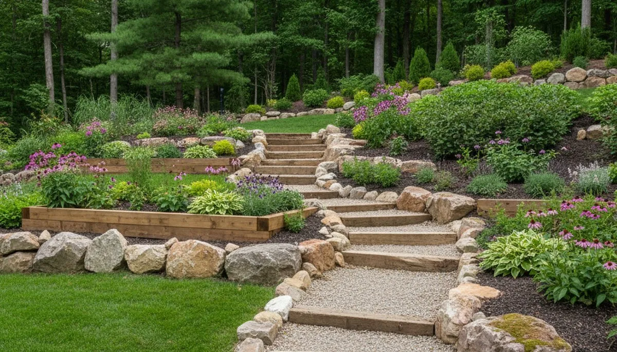 Terraced garden with timber steps and native plants in New Albany IN by Louisville KY landscaping experts
